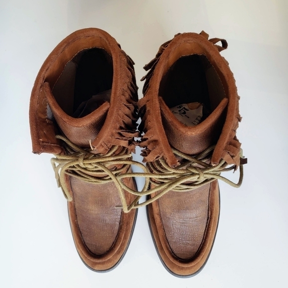 Anthropologie Vanessa Wu Brown Suede Fringed Lace Up Moccasin Booties Size 37 - Picture 7 of 11